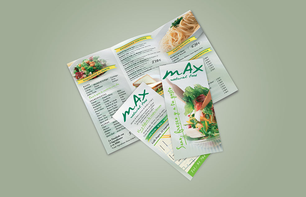 Diseño y Artes Finales Tríptico Din DL para MAX Natural food - Comida para llevar