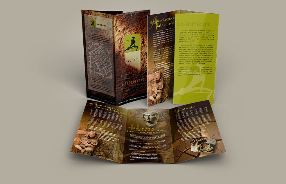 Diseño y Artes Finales Tríptico Din DL para Cursos IVEREM - Cursos de Arqueología, Historia del Arte y Geología